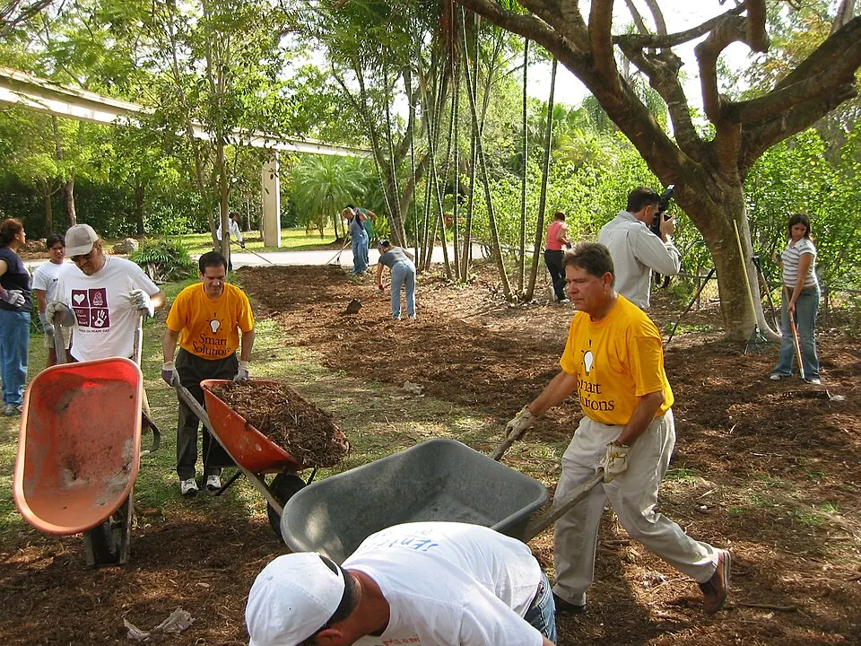 Volunteers working together outdoors in matching shirts