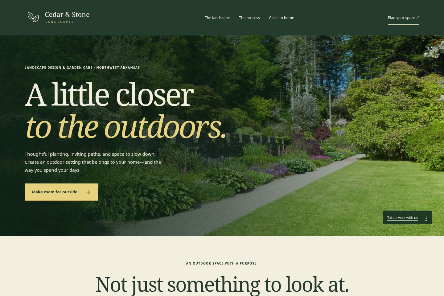 Cedar & Stone Landscapes landing page in the Field Notes design