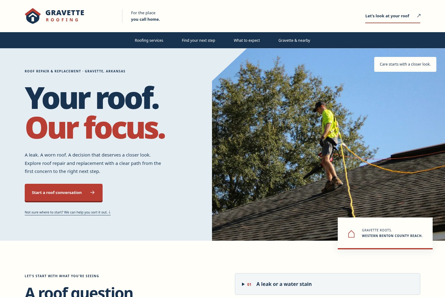 Gravette Roofing landing page in the Ridgeline design