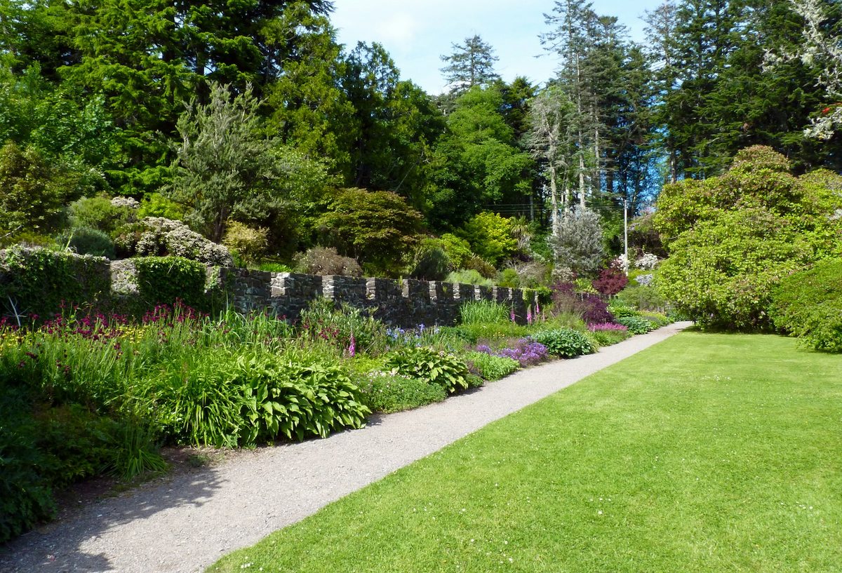A planted garden with a curved path, layered shrubs, and a lawn