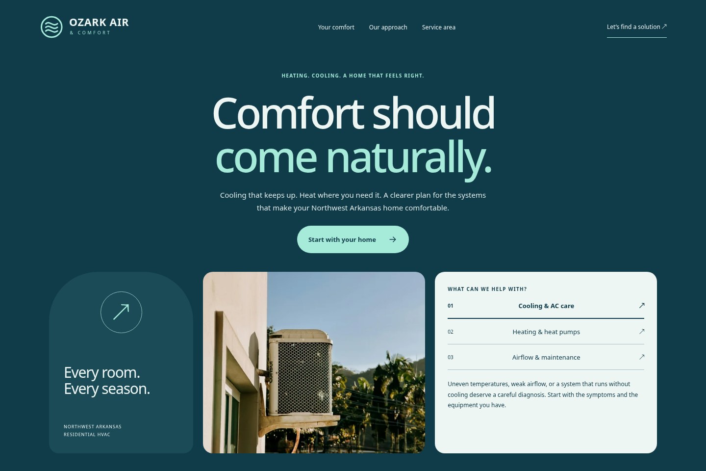 Ozark Air & Comfort landing page in the Clear Current design
